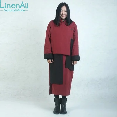 LinenAll женские красные длинные парки винтажные 100% льняные зимние ватные пальто и