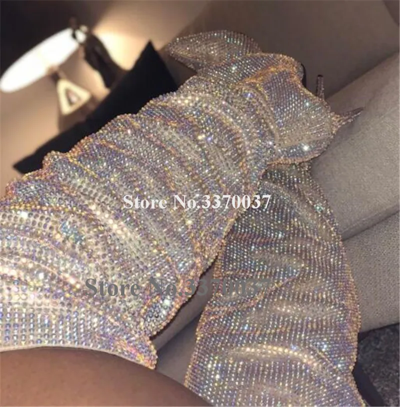 Дизайн Для женщин модные острый носок Bling Сапоги выше колена; сапоги со стразами с украшением в виде кристаллов длинные, с высоким каблуком; роскошные ботинки обувь на тонком каблуке