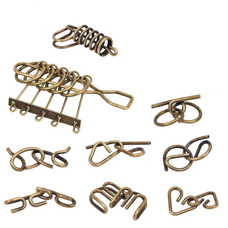 

2018 New Set of 9PCS IQ Metal Wire Puzzle Magic Brain Teaser Bronze Color Puzzles Game for Children Adults