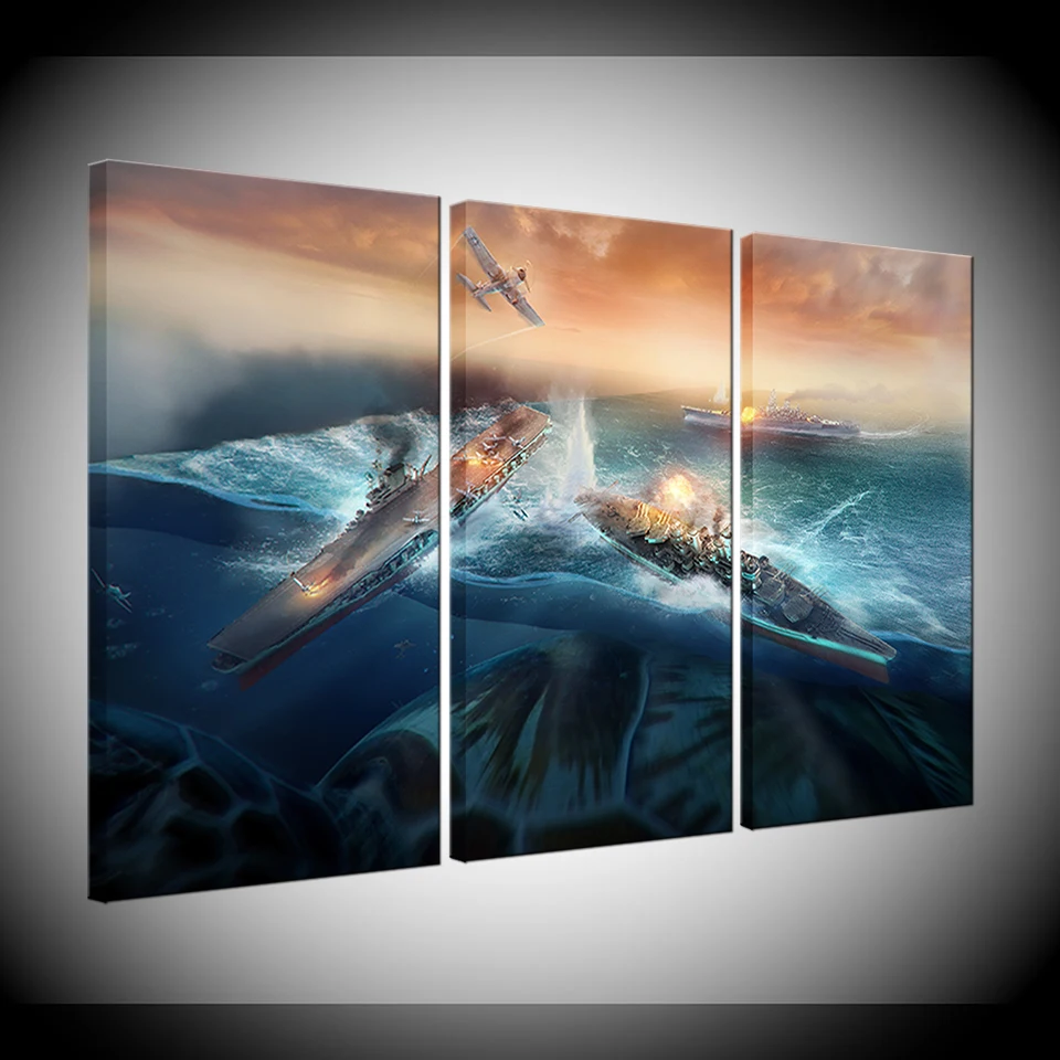 

Canvas Print Game Poster 3 Panel World Of Warships Home Decor For Living Room Canvas Painting Wall Art Pictures Landscape Decor