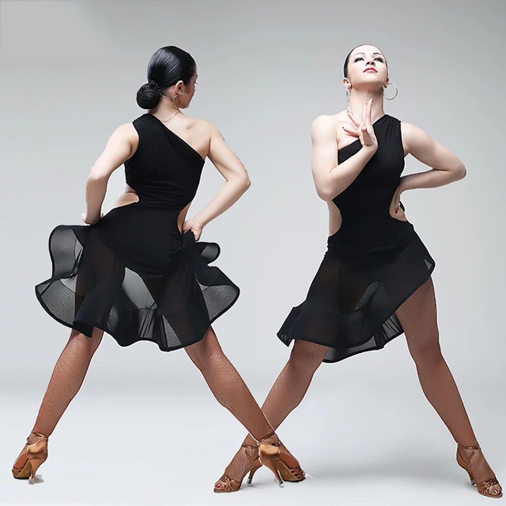 Женское платье для латиноамериканских танцев черное бархатное без рукавов с