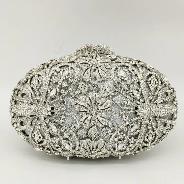 Silver Flower Crysta Бутик де фгг Стрекоза узор женские модные Кристаллы Вечерние дамские сумочки и кошельки Свадебный с кристаллами клатч кошелек для свадьбы, вечеринки - Color: Silver Flower Crysta