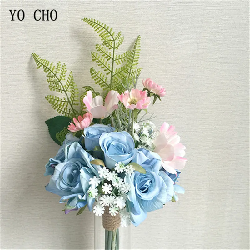 

YO CHO Bridesmaid Wedding Bouquet Artificial Silk Blue Rose Peony DIY Flowers Hanging Garden Home Chair Stair Church Decoration