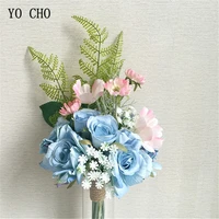 yo cho bridesmaid wedding bouquet artificial silk blue rose peony diy flowers hanging garden home chair stair church decoration