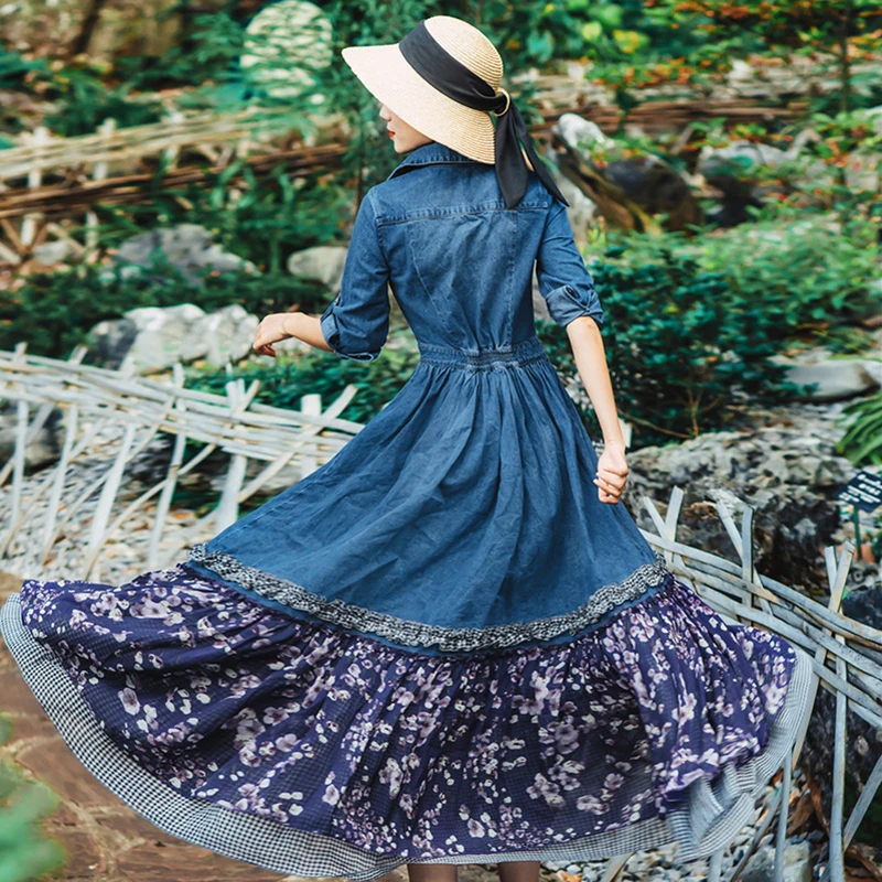 Женское джинсовое платье с кружевными рукавами элегантное приталенное