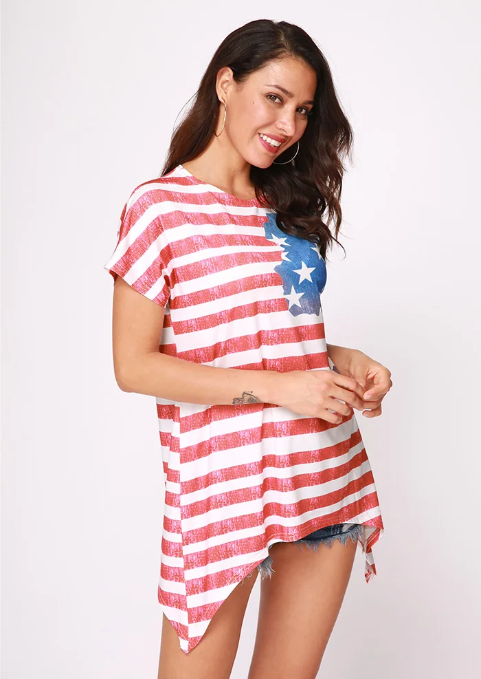 2018 Women Blouse American Flag Printed Shirts O-Neck Short Sleeve Color Oversize Fashion Ladies Tee Plus Size S-XXXL |