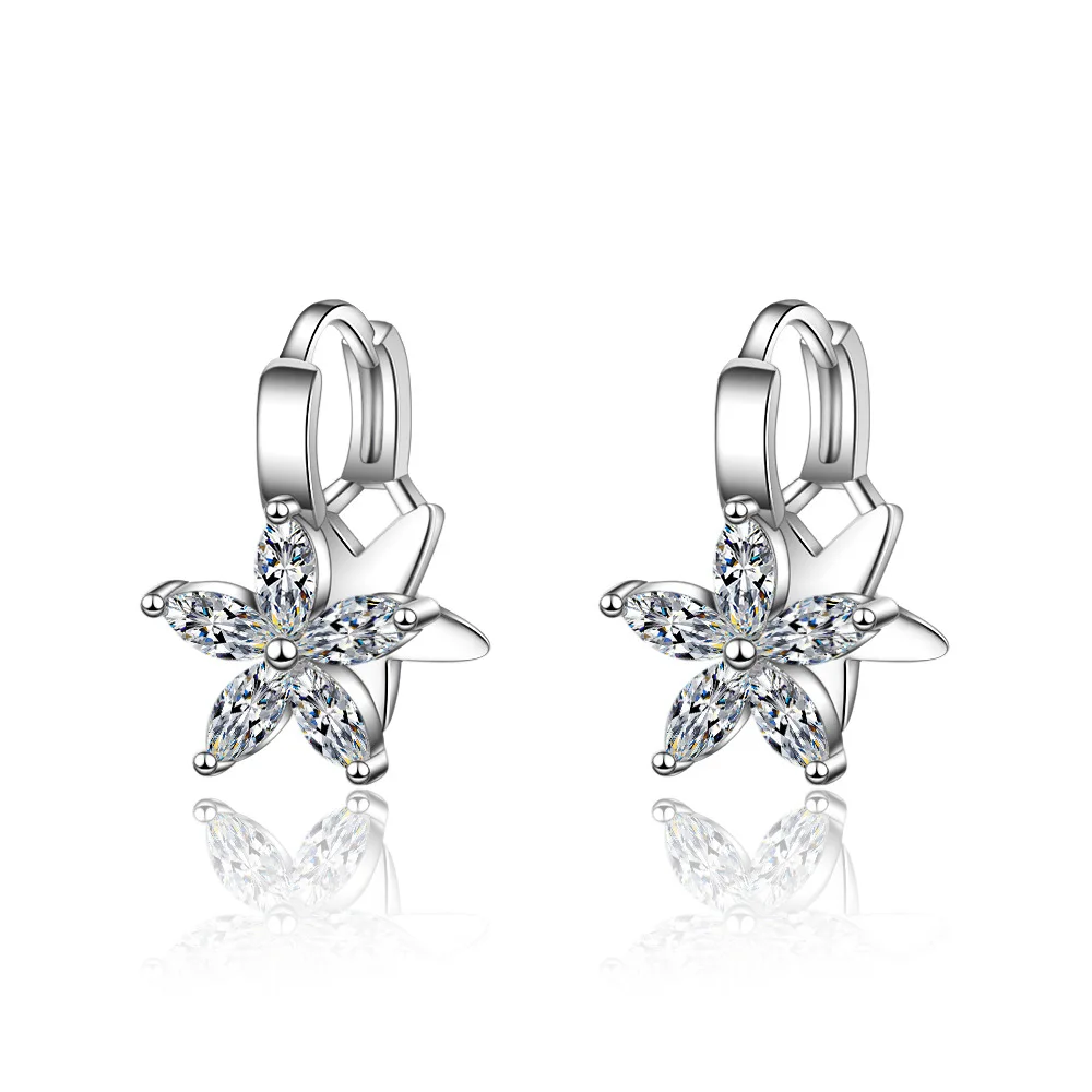 

New Arrival Simple Exquisite 925 Sterling Silver Earrings Double Layer Five-petal Flower Zircon Earrings For Women oorbellen