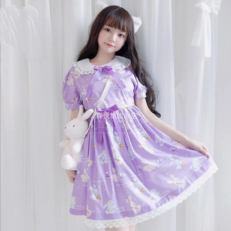 OP Dress Only Мягкая сестра японская Лолита Kawaii Кролик принт кукла воротник кружевное платье с бантом короткий рукав принцесса Женская Долли Платье Лето - Цвет: OP Dress Only