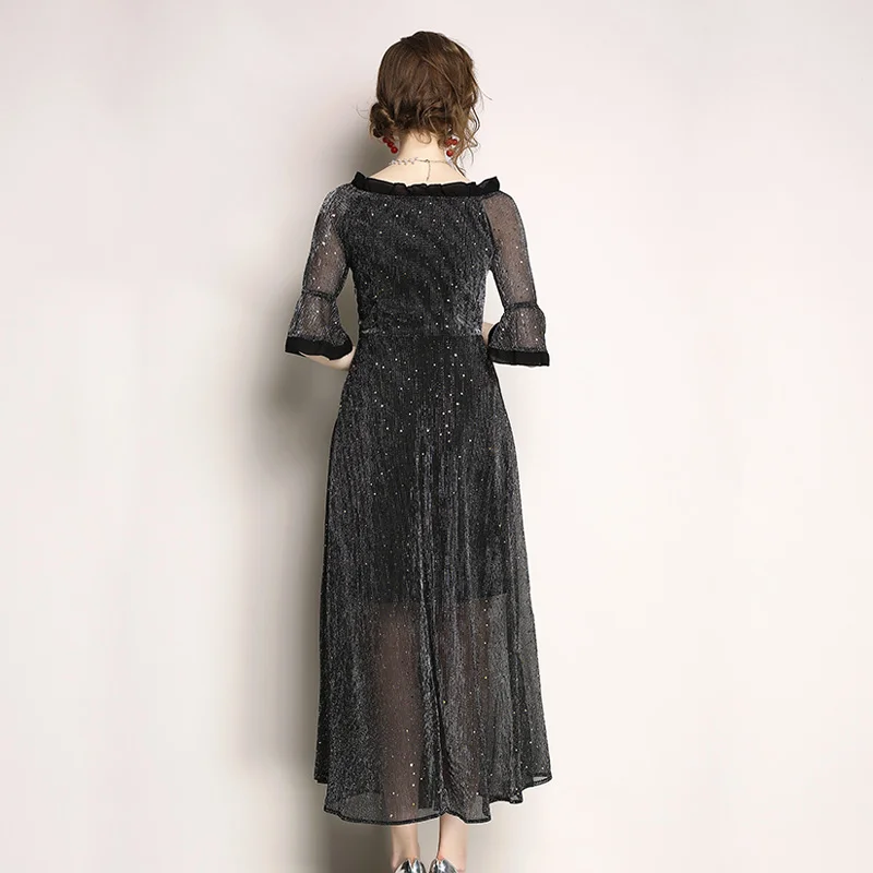 BLLOCUE Fashion Designer Runway Dress 2018 Summer Women's Half Sleeve Sequined Elegant Slash neck Party | Женская одежда