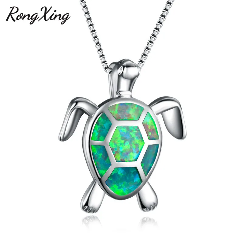 RongXing Lucky Turtle Зеленый Огненный Опал Подвески Ожерелья для женщин Серебряный цвет