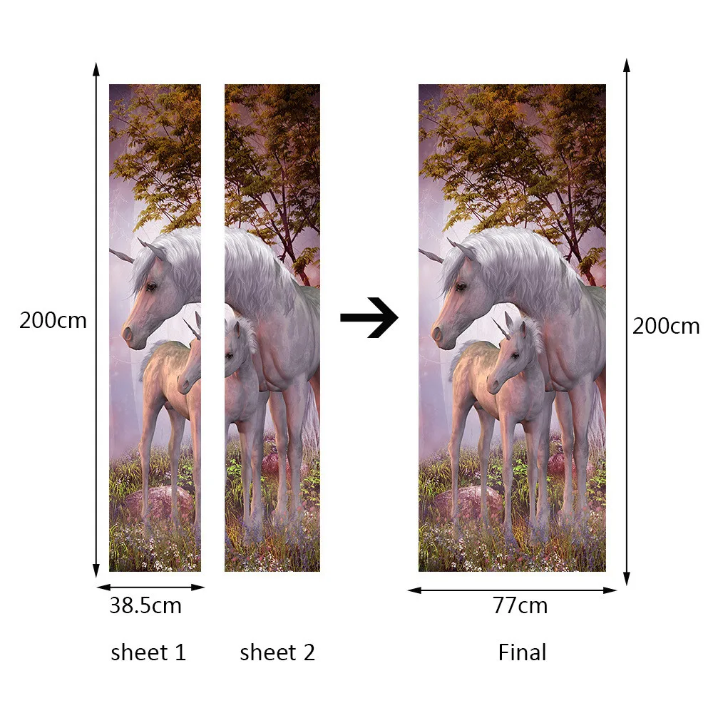 

3D Unicorn In The Forest Door Stickers For Wooden Door Renovation Self-adhesive Mural Decoration Waterproof Poster For Kids Gift