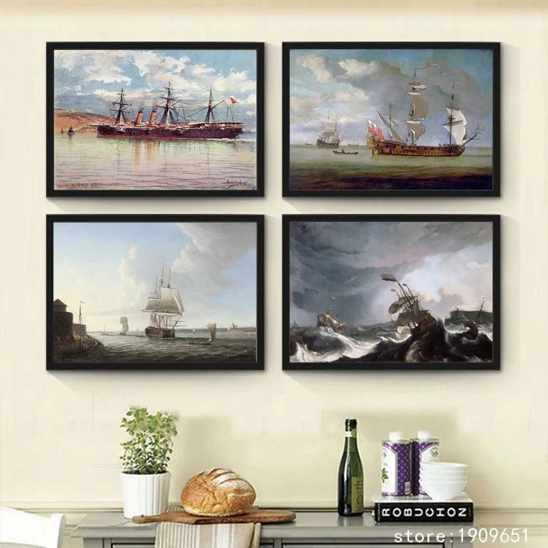 Хлопок без рамки Классические морские корабли городской пейзаж холст печать