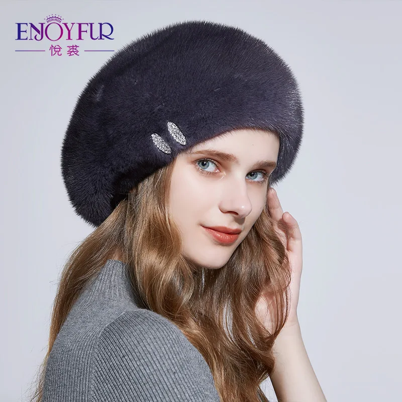 ENJOYFUR, натуральный мех норки, женские шапки для зимы, модные, натуральный мех, береты, стразы, украшение, теплые женские меховые шапки - Цвет: M22
