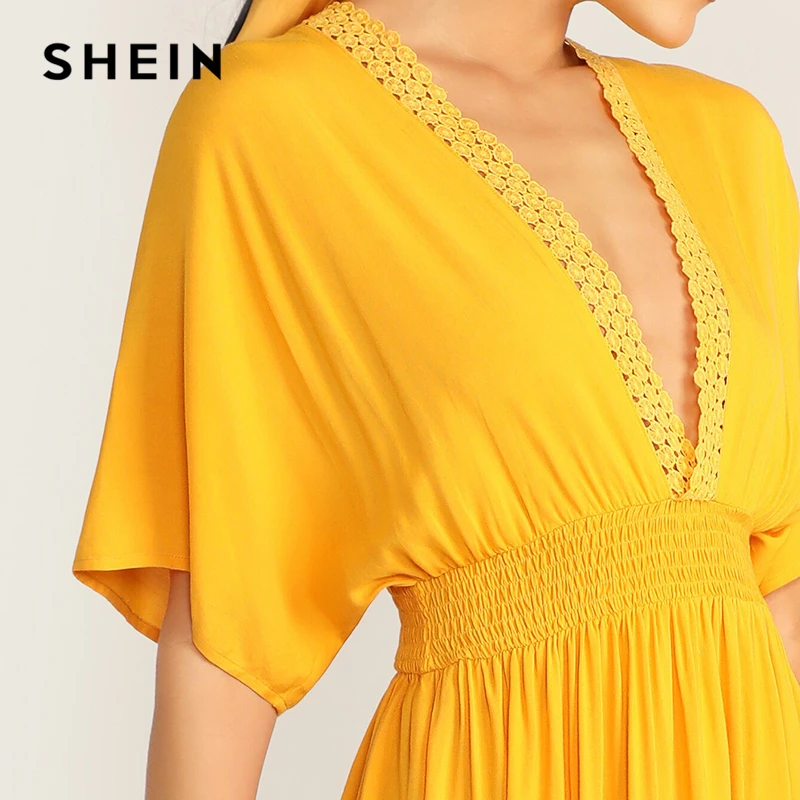 SHEIN Женские Летние Платья С Кружевами И V-Образным Вырезом И отделкой Яркое Летнее Макси Платье