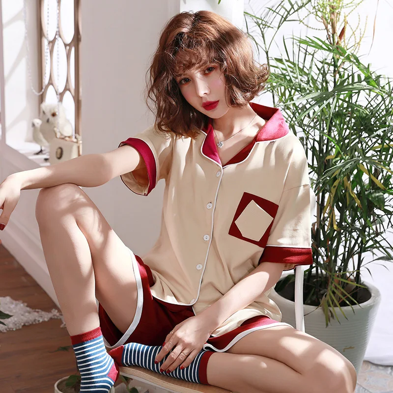 Карман в передней части Top and Pants Pajama Set отложным воротником женщина пижамы летние