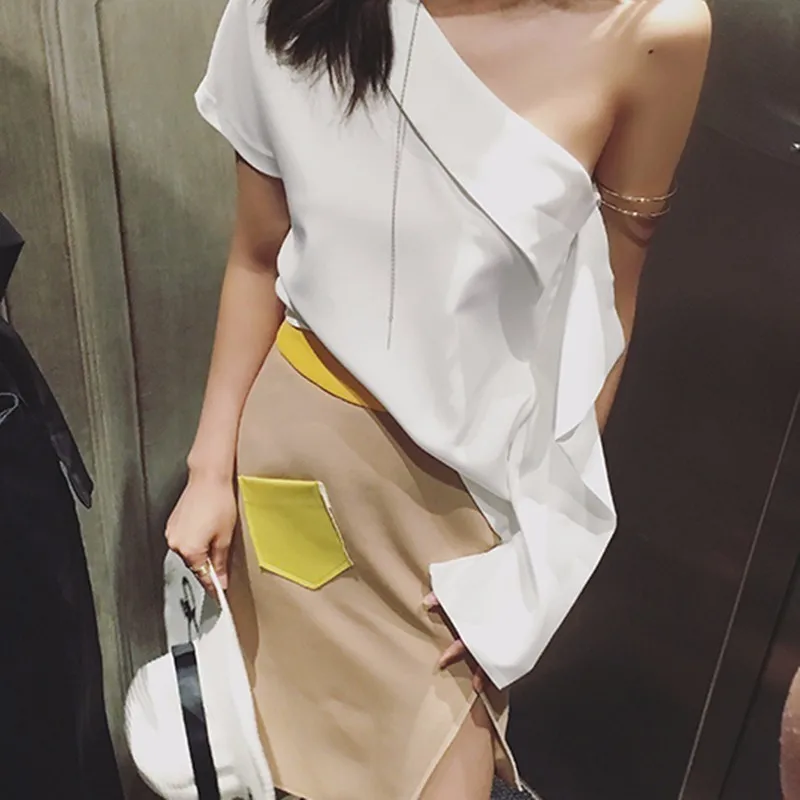 TWOTWINSTYLE Off Shoulder T Shirt Female Ruffles Irregular Collar Asymmetric Short Pullover Tops For Women Fashion New Clothing | Женская