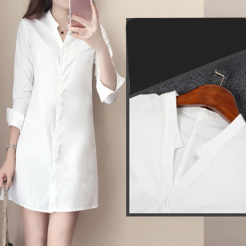 Women Girl Fashion White Long Sleeve V Neckline Slim Shirt Dress | Женская одежда