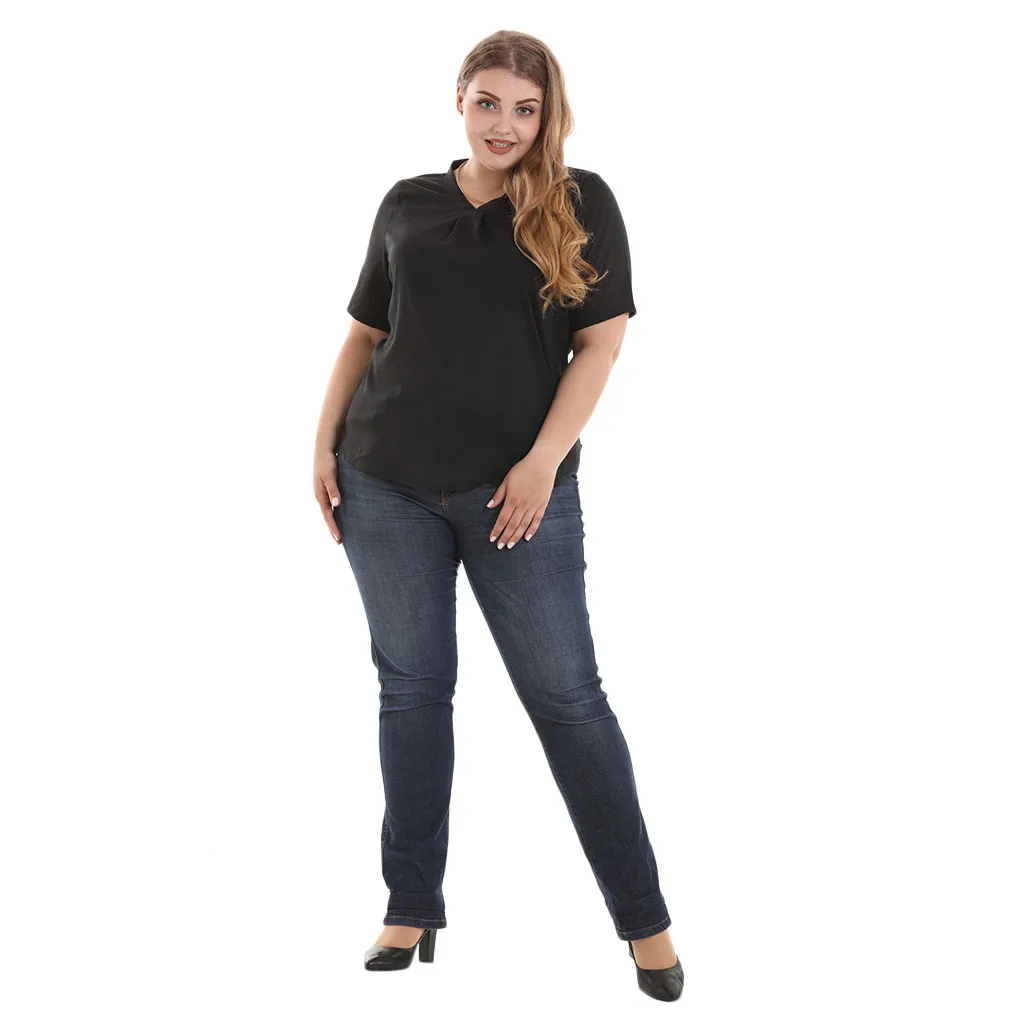 Однотонная шифоновая блузка с коротким рукавом размера плюс Повседневная