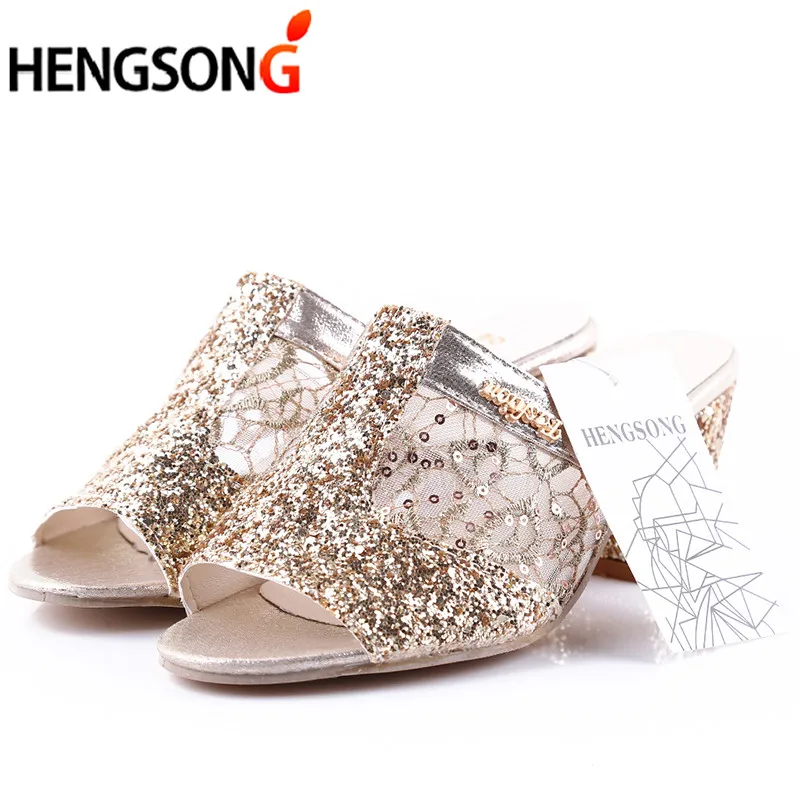 

New Women Glitter Mesh Sandals Summer Fashion Peep Toe Casual Slippers Thick Heel Women Shoes Slip On Plus Sizes