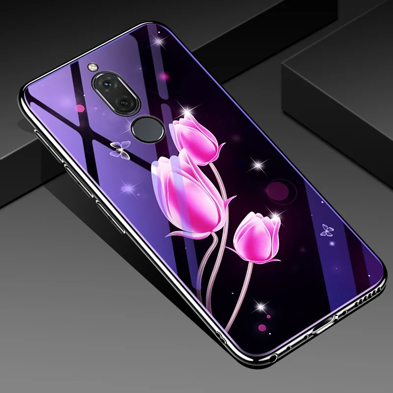 Синий светильник чехол для телефона для huawei mate 10 Lite P20 полный защитный цветок кремния и закаленное стекло крышка для huawei Nova 2i 3i 3 - Цвет: tulip