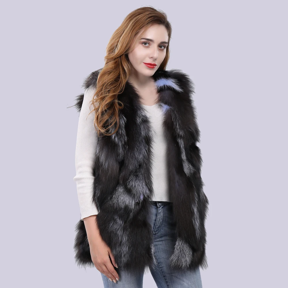 Весенне осенний женский жилет из натурального Лисьего меха длинный стильный