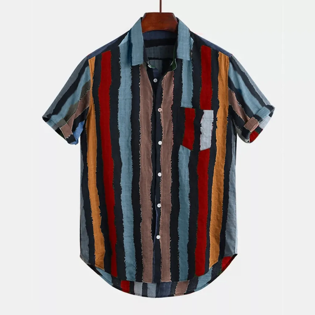 Мужская свободная разноцветная рубашка в полоску с нагрудным карманом и