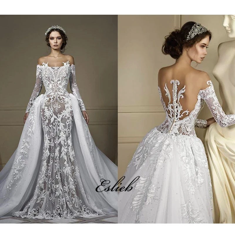 

2019 off shoulder long sleeves wedding dress mermaid detachable tail bridal gown lace appliques sweet heart illusion back button
