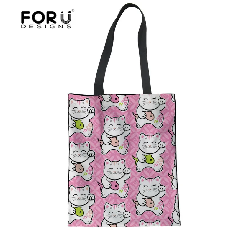 Милый счастливый кот FORUDESIGNS сумка для покупок Neko с принтом женская тоут хлопковая