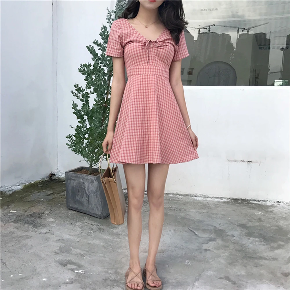 Желтое женское летнее платье розовое клетчатое с запахом Vestidos De Verano 2019 Fiesta Cortos