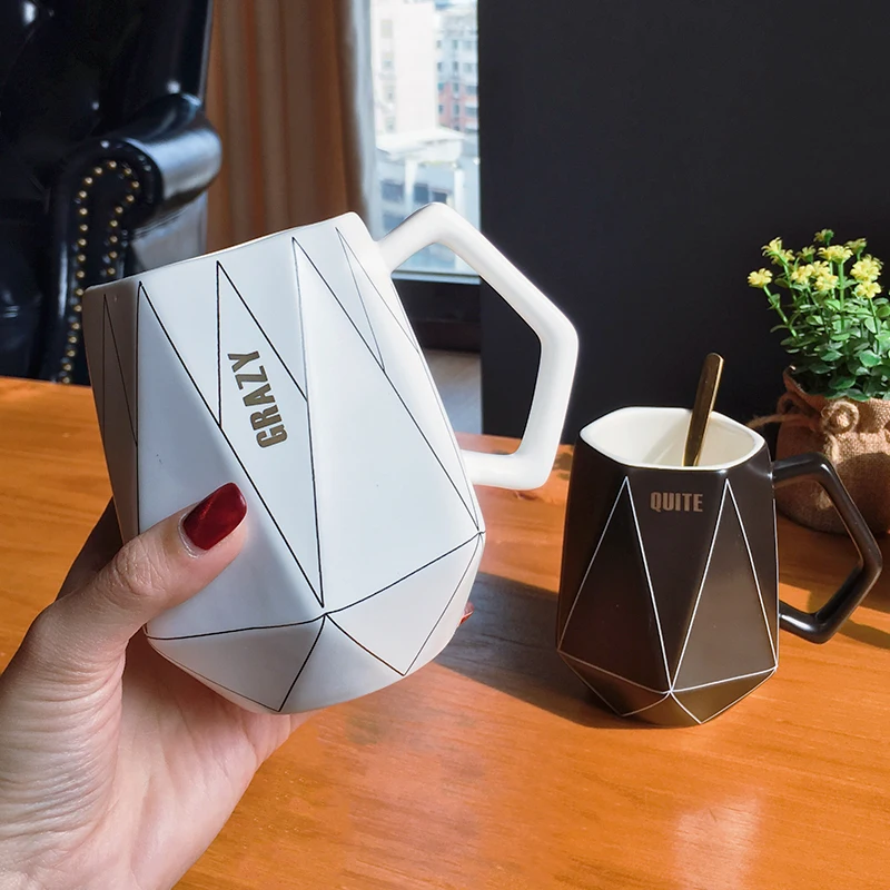 Nordic Ceramic Water Cup Simple Office Dormitory Personality Angle Geometry Line Creative Mark with spoon | Дом и сад