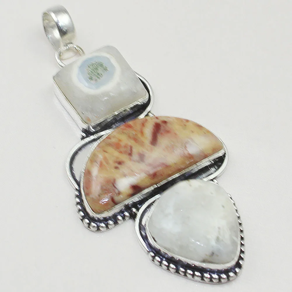 

Moss Aggate & Jaspers Pendant Silver Overlay over Copper , 75 mm, P0858