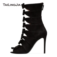 women stylish knot boots stiletto high heel peep toe mid calf booties ladies elegant party dress footwear large size black shoes