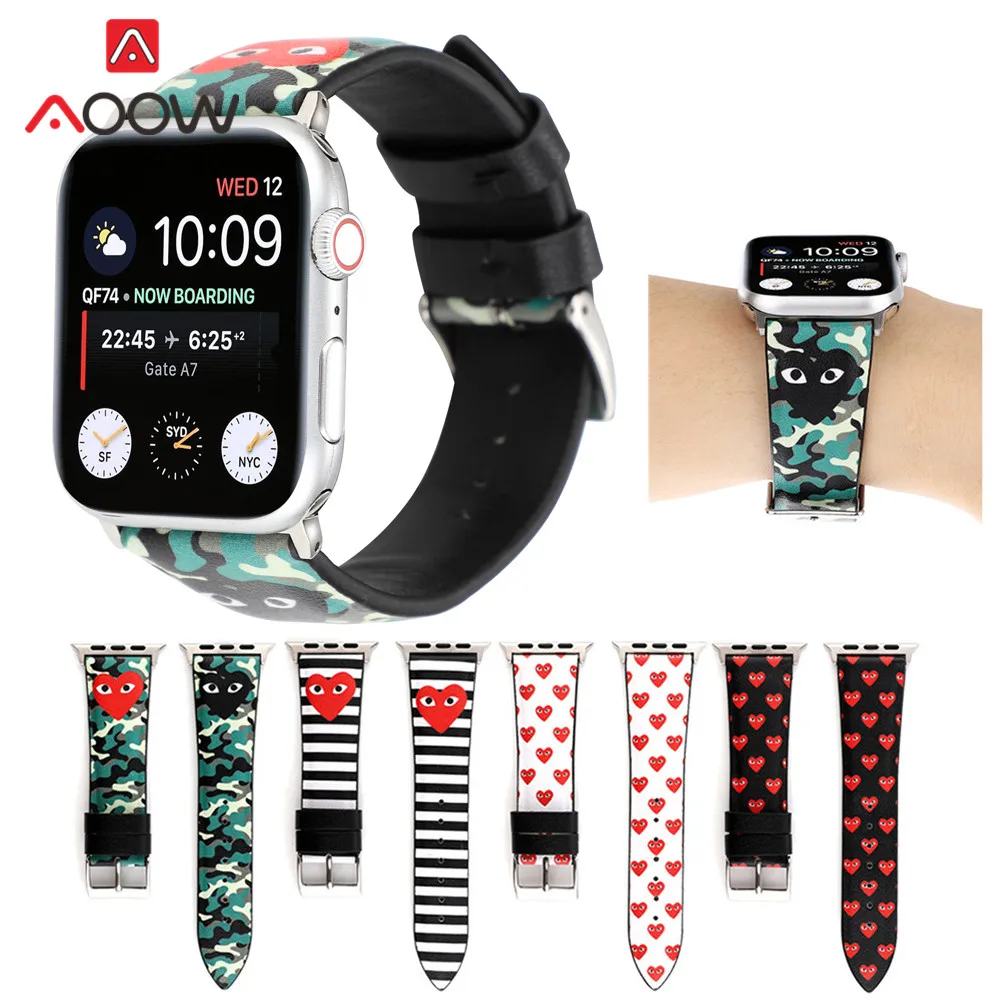 Кожаный ремешок для часов с камуфляжной печатью для Apple Watch, 40 мм, 44 мм, 38 мм, 42 мм, браслет с сердечками для мужчин и женщин, ремешок для iWatch 1, 2, 3, 4