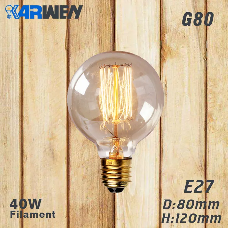 G80 filament Эдисон лампы E27 40 Вт накаливания подвесной светильник в стиле ретро 220V ST64 A19 T45 T10 G80 G95 ампулы Винтаж лампа Эдисона лампа накаливания светильник лампочка - Цвет: G80 filament