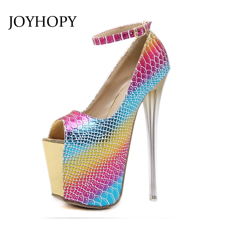 

JOYHOPY Fashion Crocodile Grain 18cm Super High Heels Peep Toe Women Pumps Thin Heel Ankle Strap Platform High Heel Shoes Woman