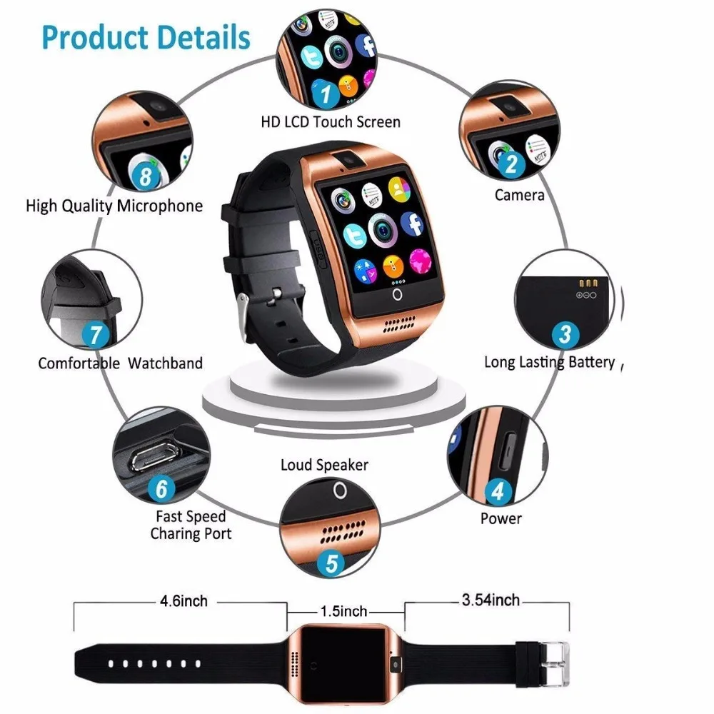 GONOKWE Bluetooth Q18 Смарт часы для телефонов Andriod умные с камерой сенсорным экраном DZ09 X6