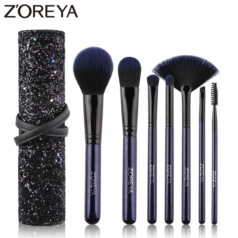 

Zoreya Brand 7Pcs Super Quality Synthetic Nylon Makeup Brush Sets Cruelty-Free Foundation Blending Fan Cosmetic Brushes Blue Kit