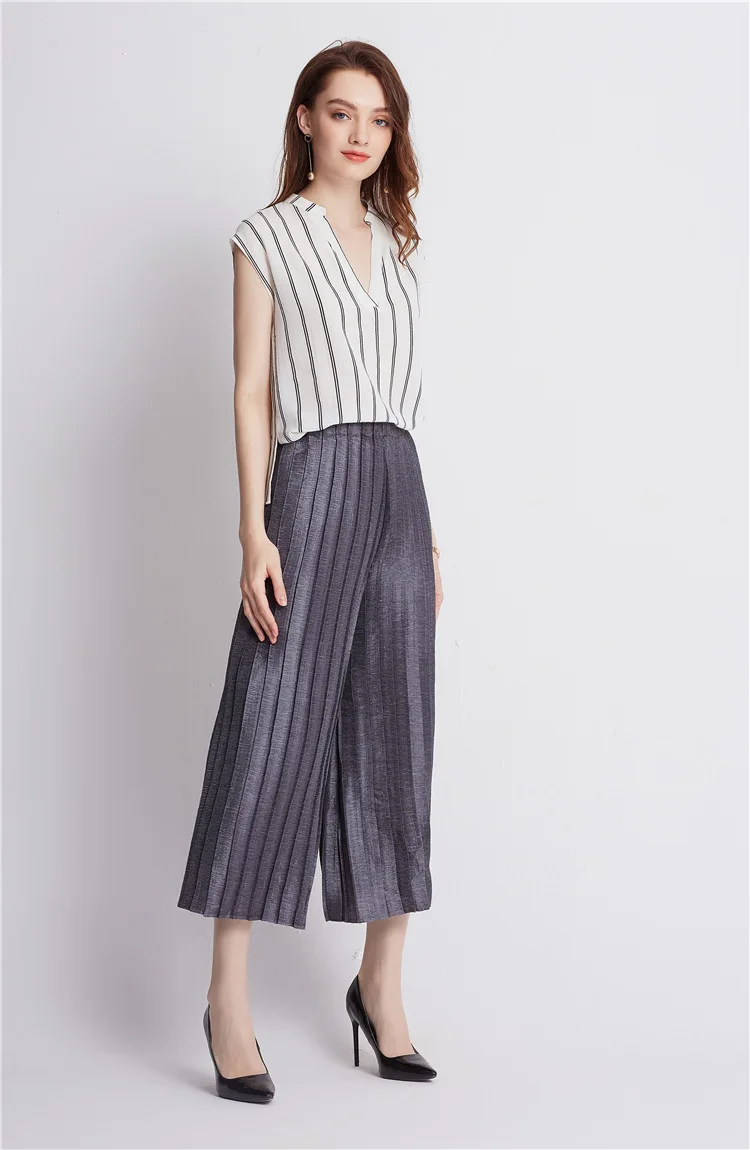 Issey Cropped Trousers Boutique Fashion Pleated Static Color Pants Wide Leg Casual Pants Jianing