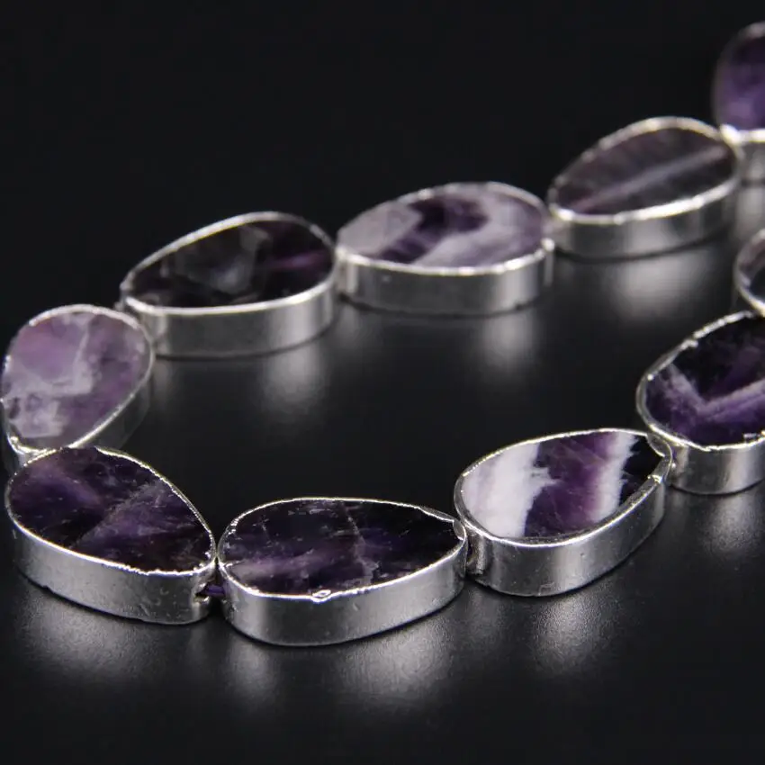 

11pcs Natural Ame thyst Flat Teardrop beads Purple Crystal egg shape Slice Pendants,Silvers Edged purple quartz Pendants