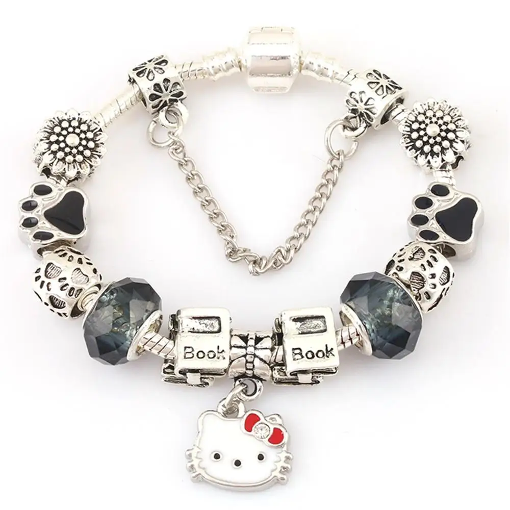 black Hermp очаровательные браслеты милый кот hello kitty розовый кристалл стеклянные бусины браслет для женщин дети девушки DIY ювелирные изделия - Окраска металла: black