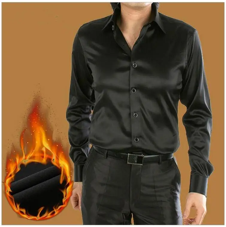 Мужская шелковая рубашка с длинным рукавом темно синяя утепленная под смокинг в