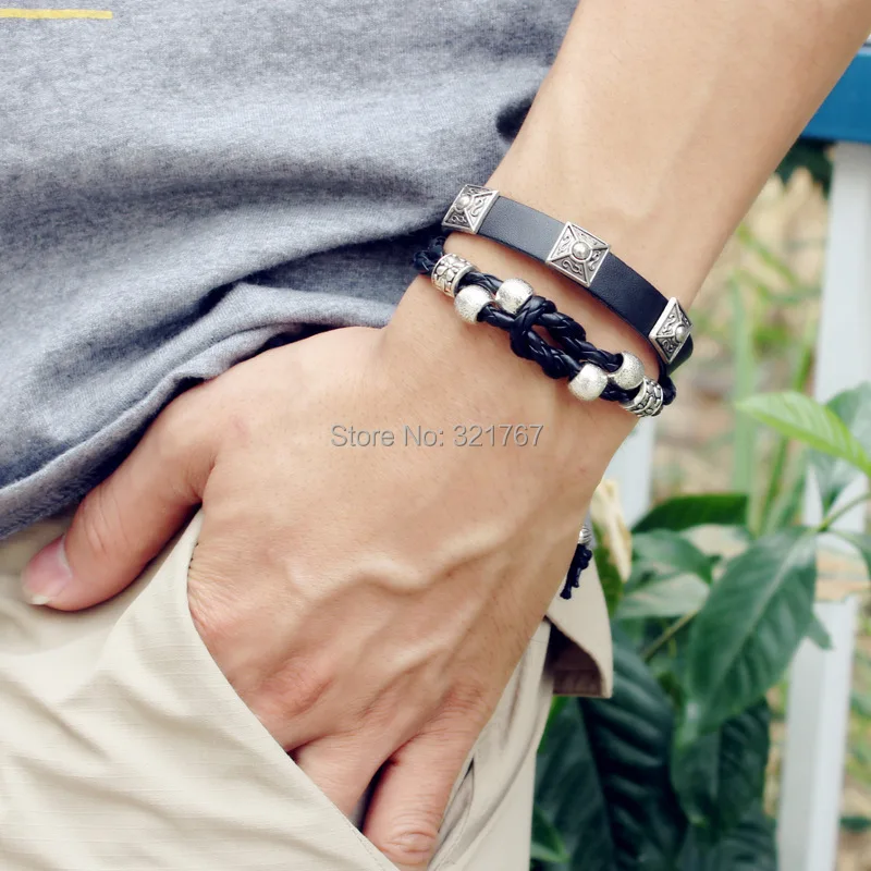 20pcs Punk Style Genuine Leather Beads Braided Bangles Multilayer Charm Bracelets | Украшения и аксессуары