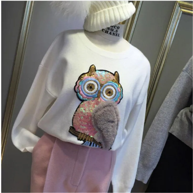 

Owl Plush Patches for clothing T shirt Women 26cm bird Sequined Sequins T-shirt Womens Fashion Tops Shirt Girl Patch Clothes