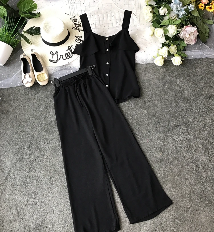 ALPHALMODA/ летний однобортный Топ с оборками+ широкие брюки, Женский повседневный комплект из 2 предметов, женские летние однотонные штаны, костюмы