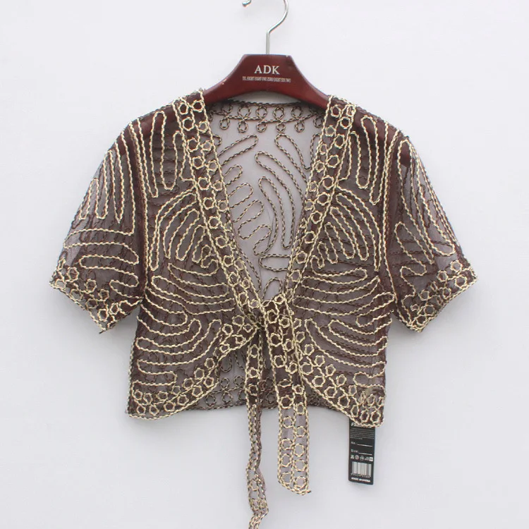 Женское винтажное прозрачное кружевное пальто с коротким рукавом и цветочным