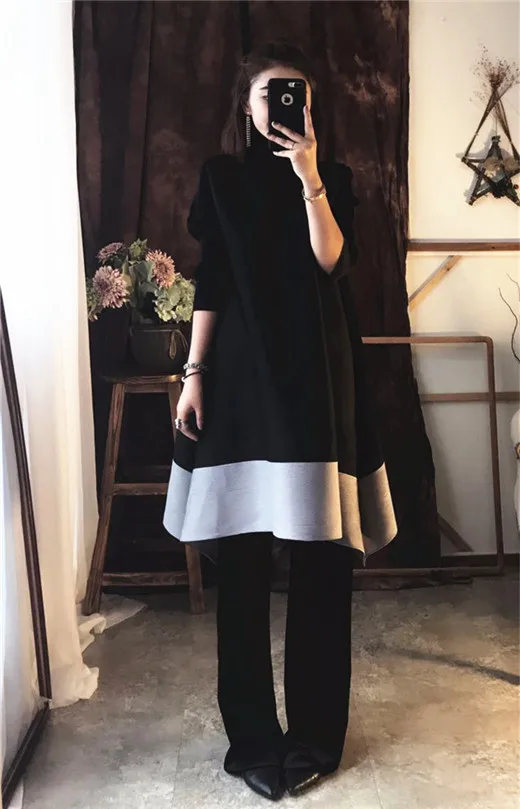 black B LANMREM, новинка, Весенняя мода, черный цвет, плиссированная водолазка, пэчворк, хит, цвет, рукав три четверти, женское платье, SA568 - Цвет: black B