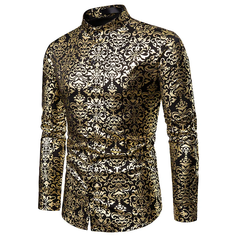 

Men Hipster Luxury black gold Bronzing Printed Slim Long Sleeve Dress Shirt wedding Night club Hip hop party Singer stage Shirts