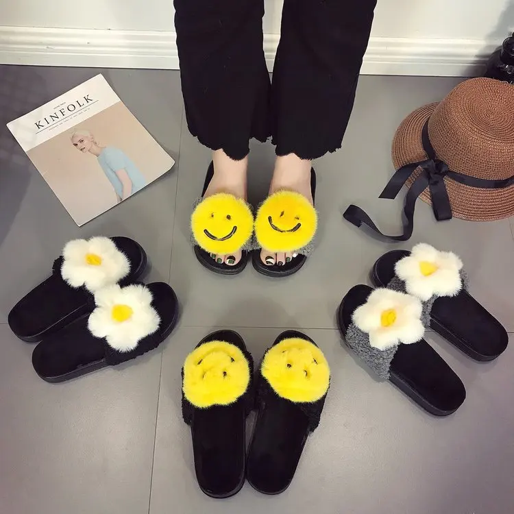 DreamShining New Winter Women's Slippers Cute Flowers Smiling Plush Personalized Cotton Home Shoes | Обувь