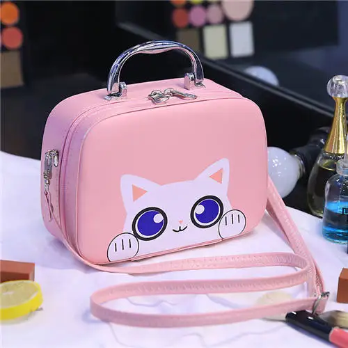 pink PURDORED, 1 шт., мультяшная косметичка из искусственной кожи, портативная, для женщин, милый кот, коробка для хранения косметики, дорожная, моющаяся сумка для хранения Органайзер - Цвет: pink
