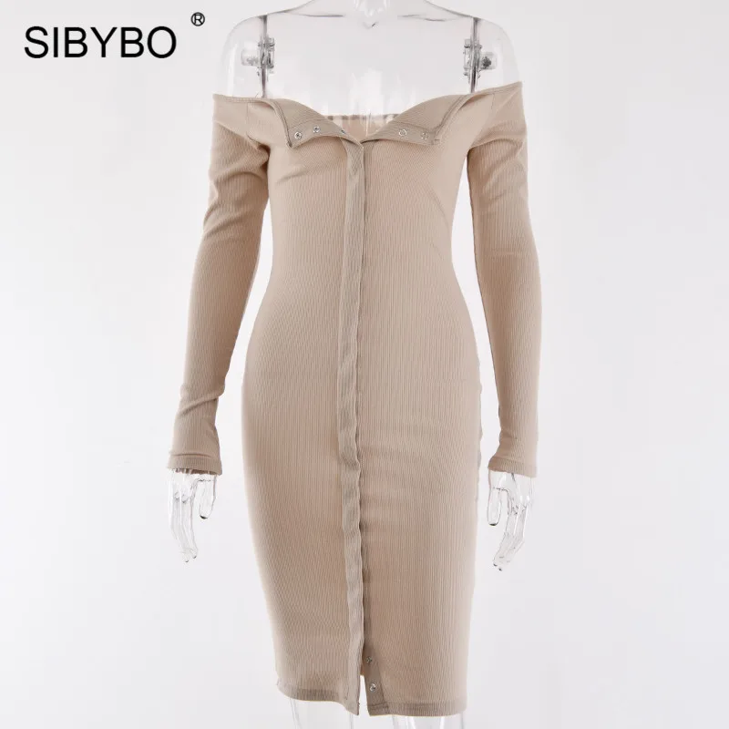 Sibybo, без бретелек, однобортное, сексуальное платье для женщин, осень, с открытыми плечами, с длинным рукавом, повседневное, бодикон, платье с открытой спиной, Клубные, вечерние платья